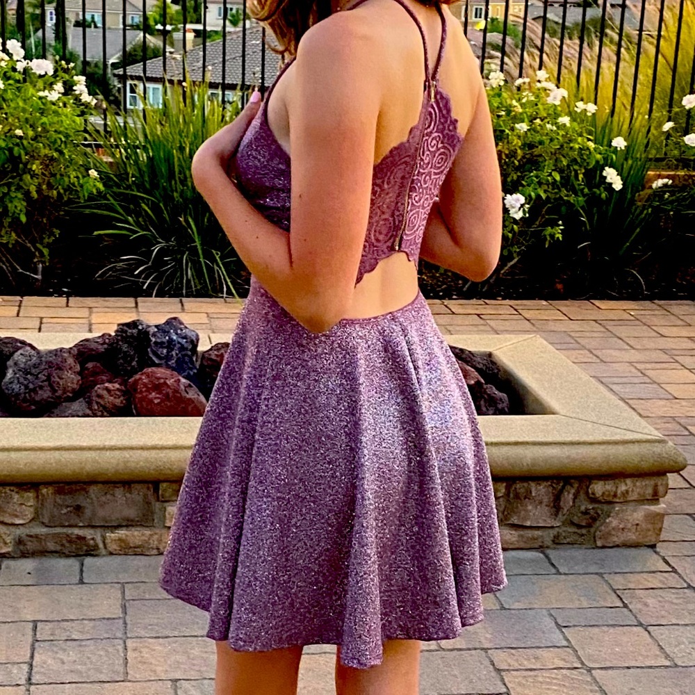 Small Purple glittery homecoming dress with lace back detail
